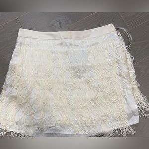 White Fringe Mini Skirt | Leather Waistband | Size S
